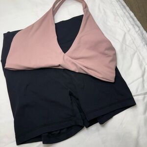 Pink Sports Bra Top and Black Shorts Set